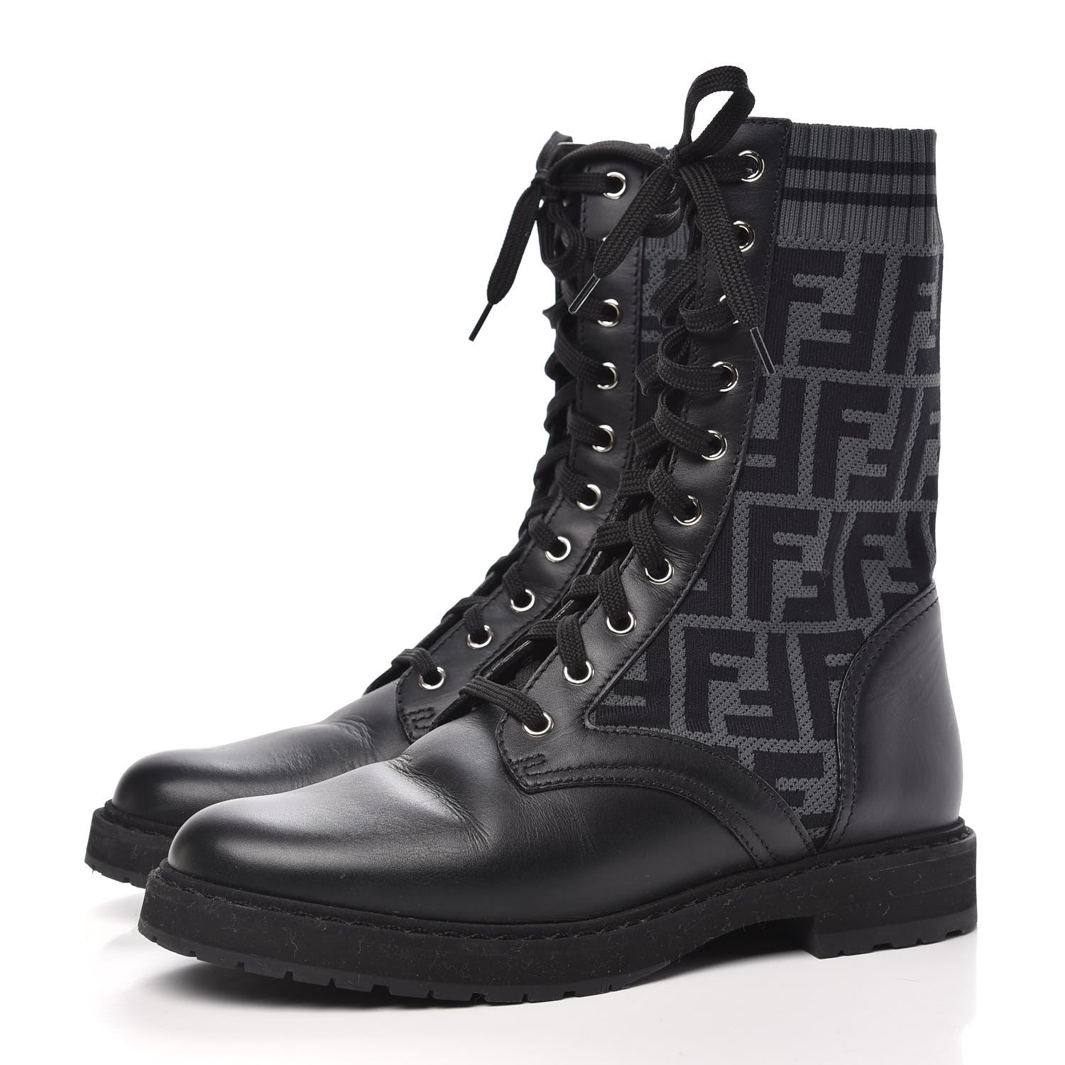 Fendi Calfskin Stretch Fabric FF Rockoko Biker Boots 38 Black Charcoal 3 of 8