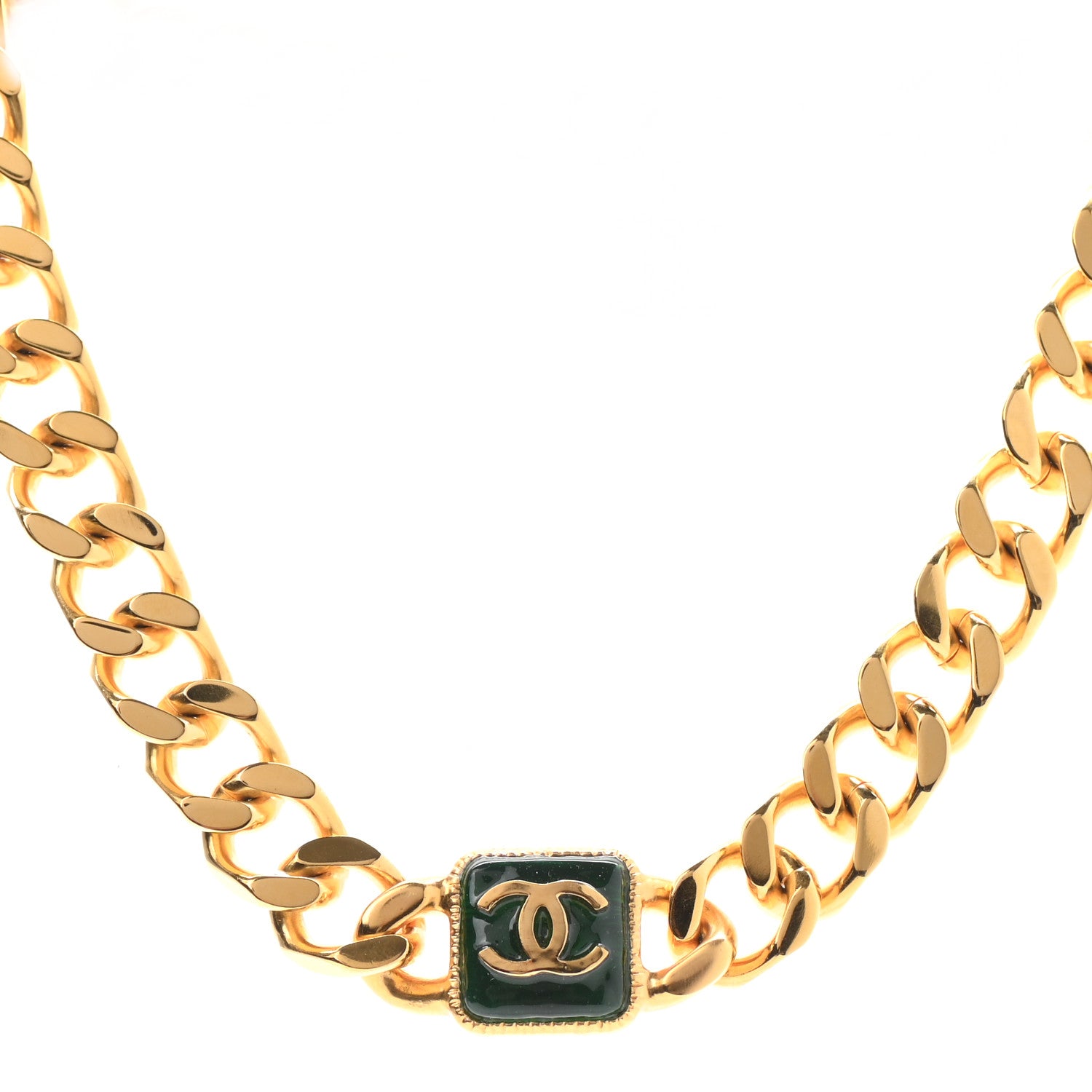 Chanel CC Chain Link Choker Necklace Gold Green 1 of 5