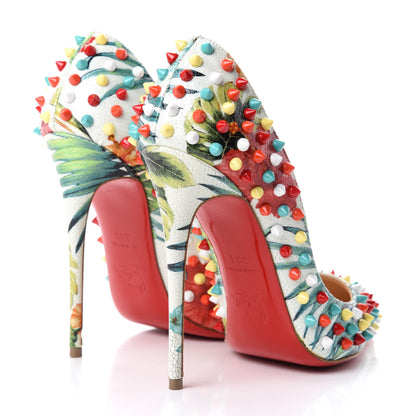 Christian Louboutin Crackled Calfskin Hawaiian Print Follies Spikes 120 Pumps 38.5 White Multi 4 of 10