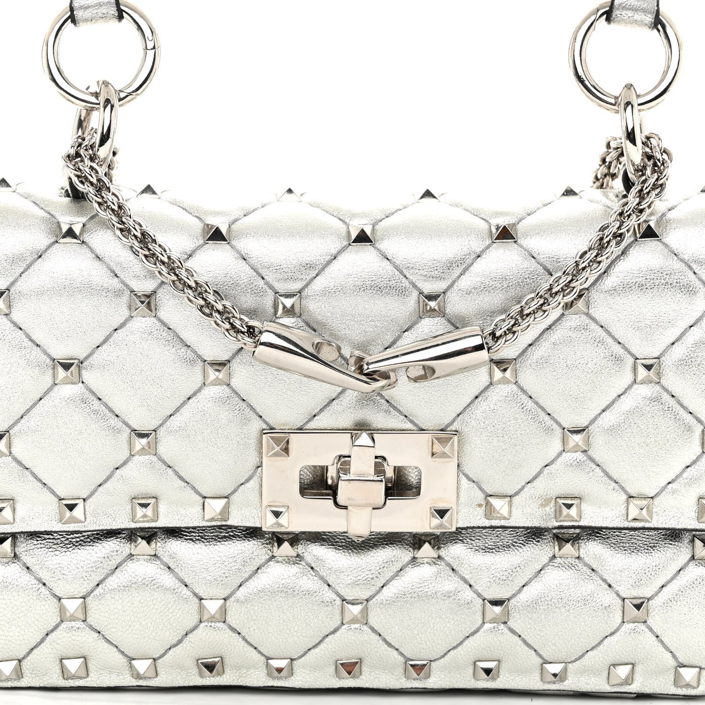 Metallic Nappa Small Rockstud Spike Shoulder Bag Silver