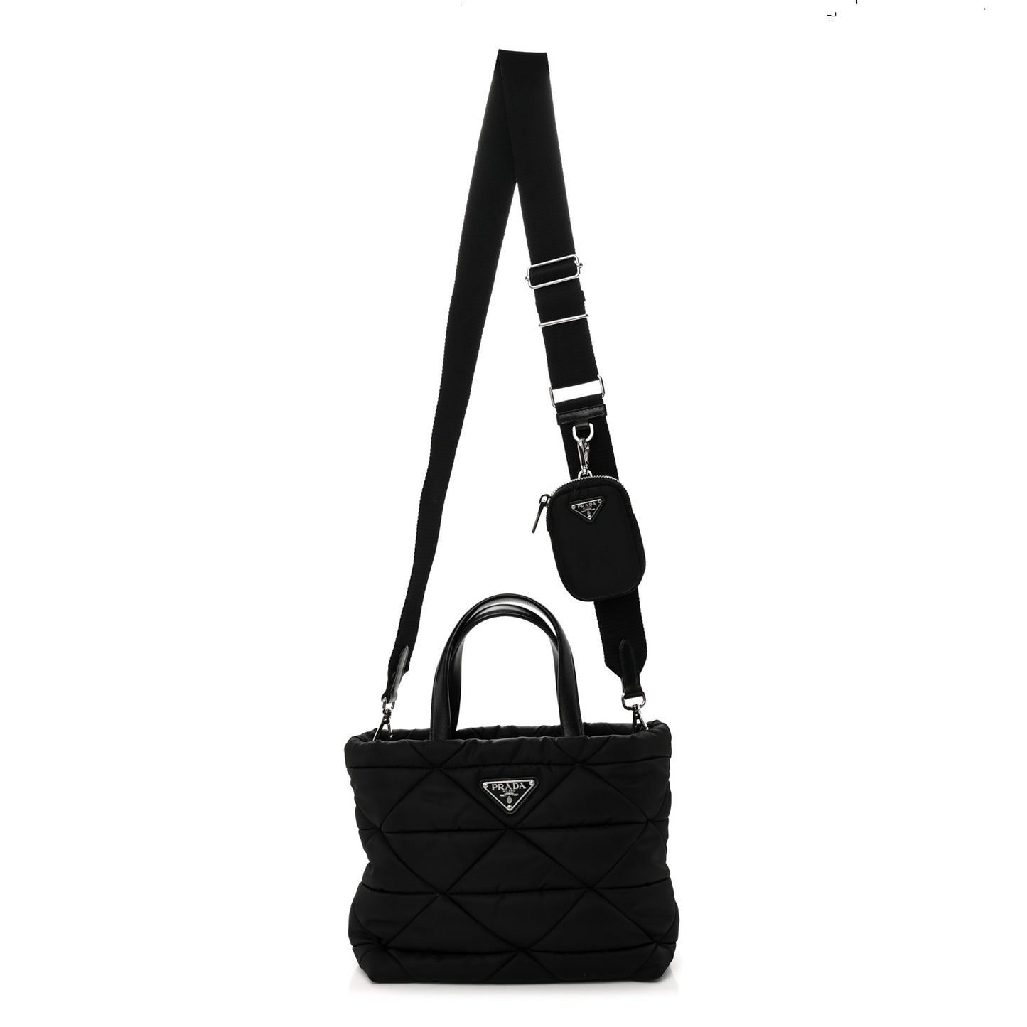 Re-Nylon Nappa Triangle Quilted Padded Double Handled Zip Pocket Tote Black