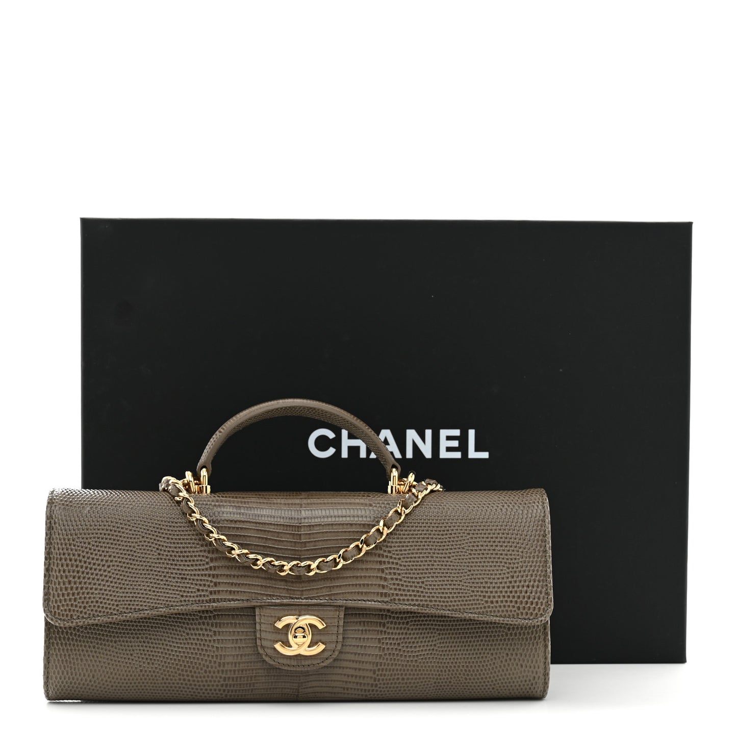 Calfskin Lizard Embossed Top Handle Long Clutch With Chain Dark Khaki