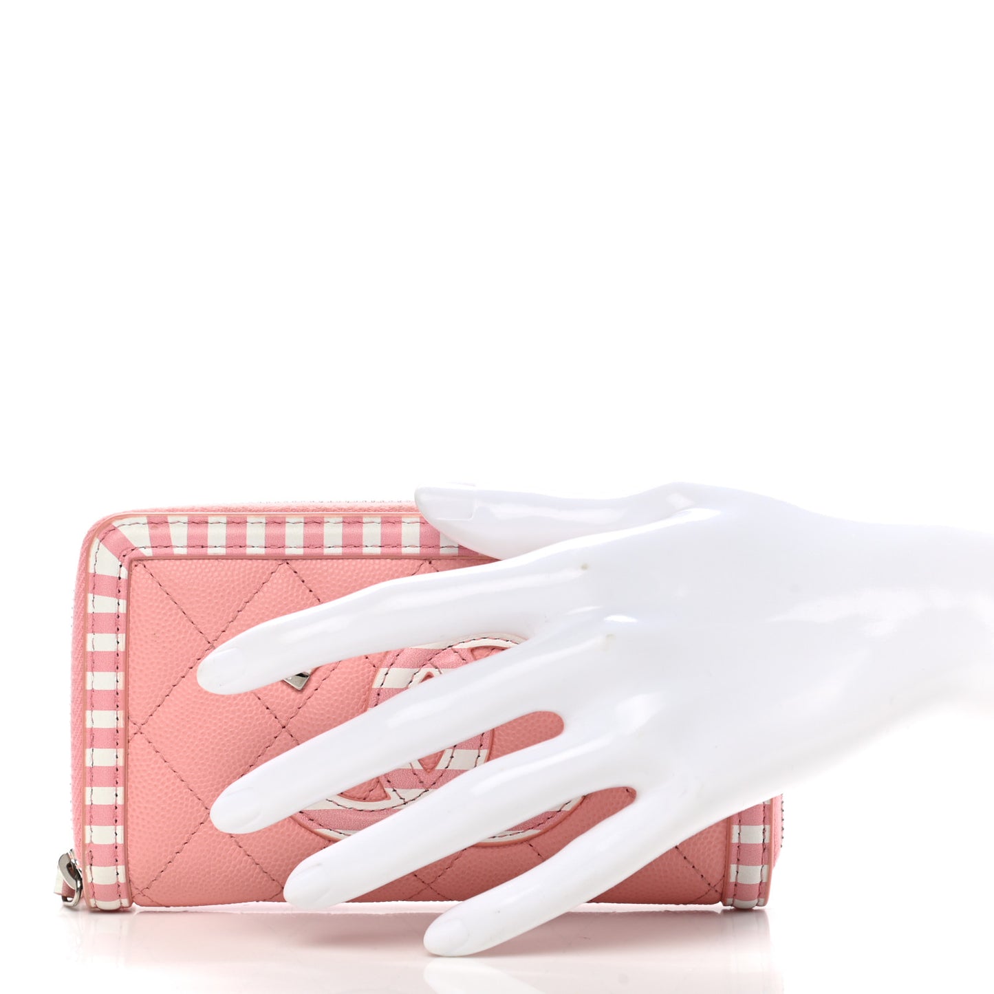 Caviar Quilted Medium Stripe Filigree Zip Around Wallet Pink White
