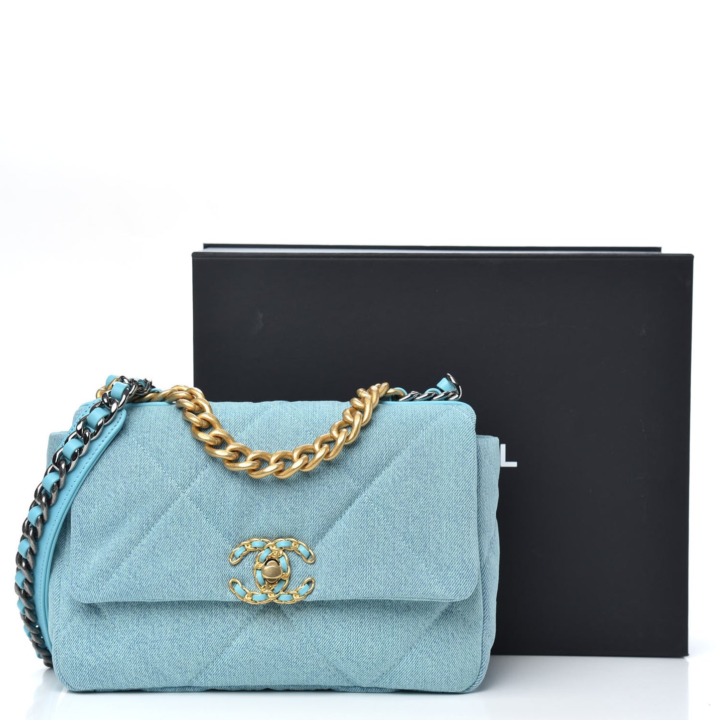 Denim Quilted Medium Chanel 19 Flap Neon Blue