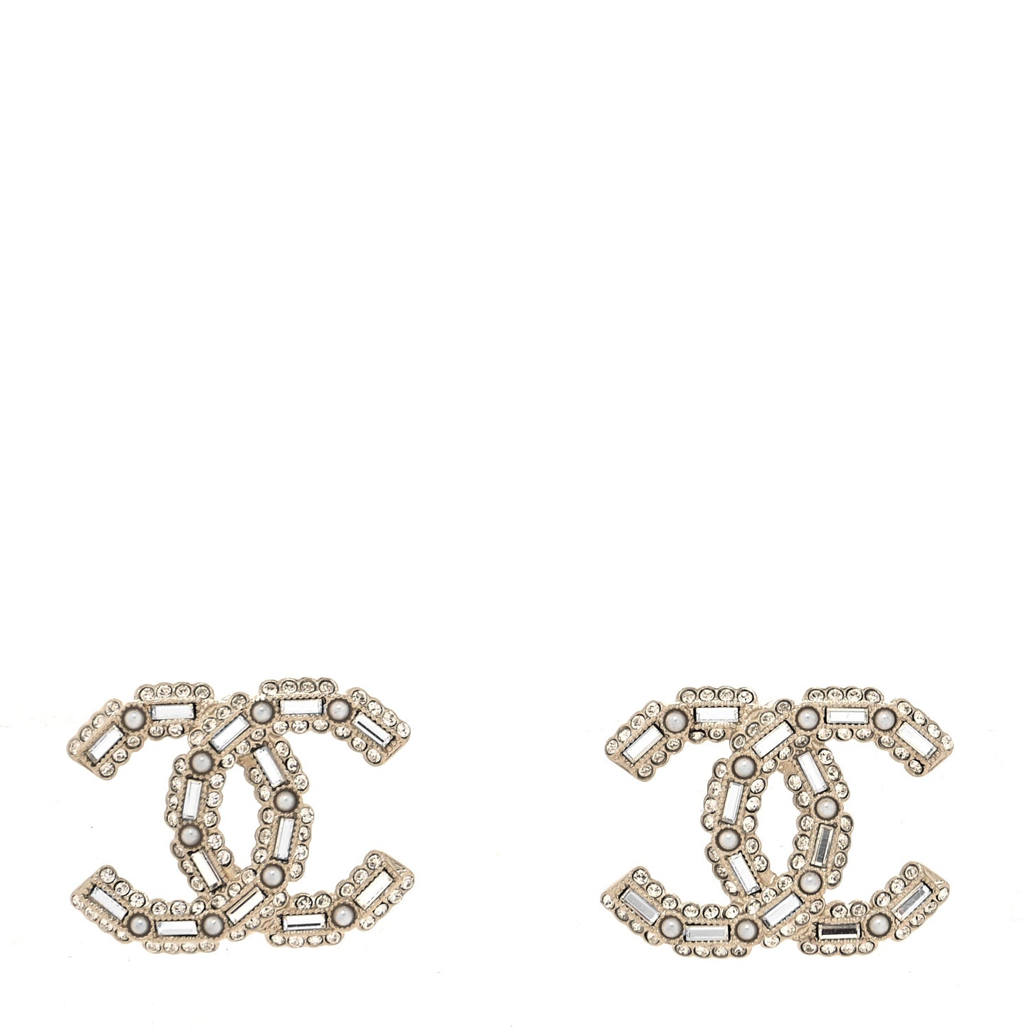 Crystal Baguette Pearl CC Earrings Gold Pearly White