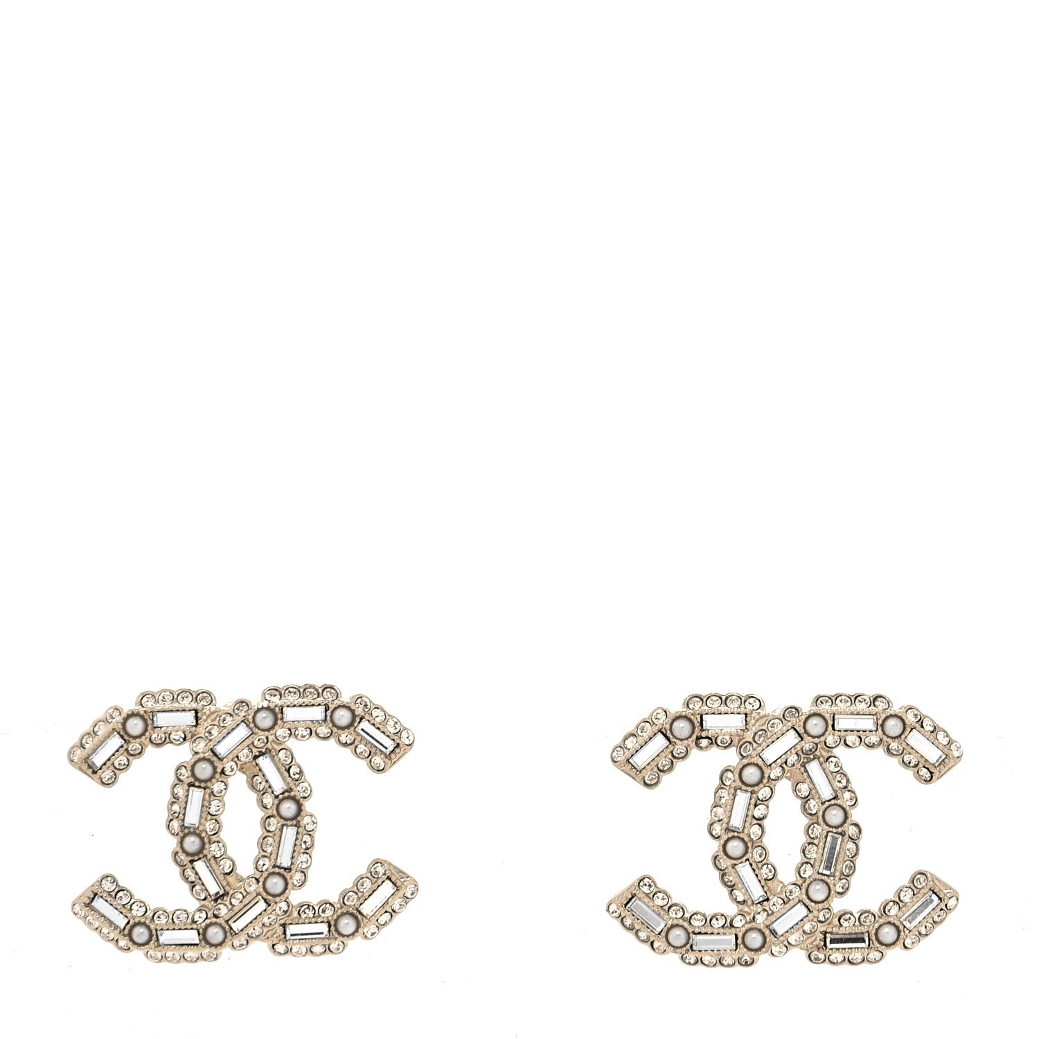 Chanel Crystal Baguette Pearl CC Earrings Gold Pearly White 1 of 4
