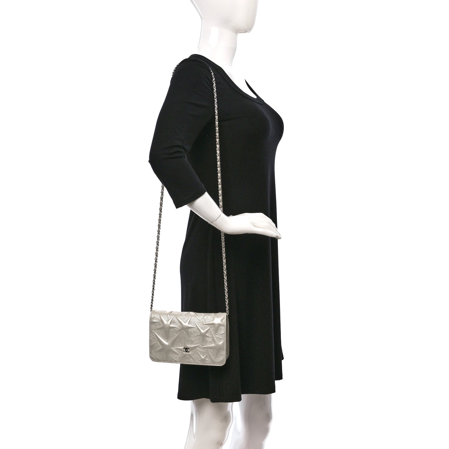 Metallic Lambskin Star Embossed Wallet On Chain WOC Silver