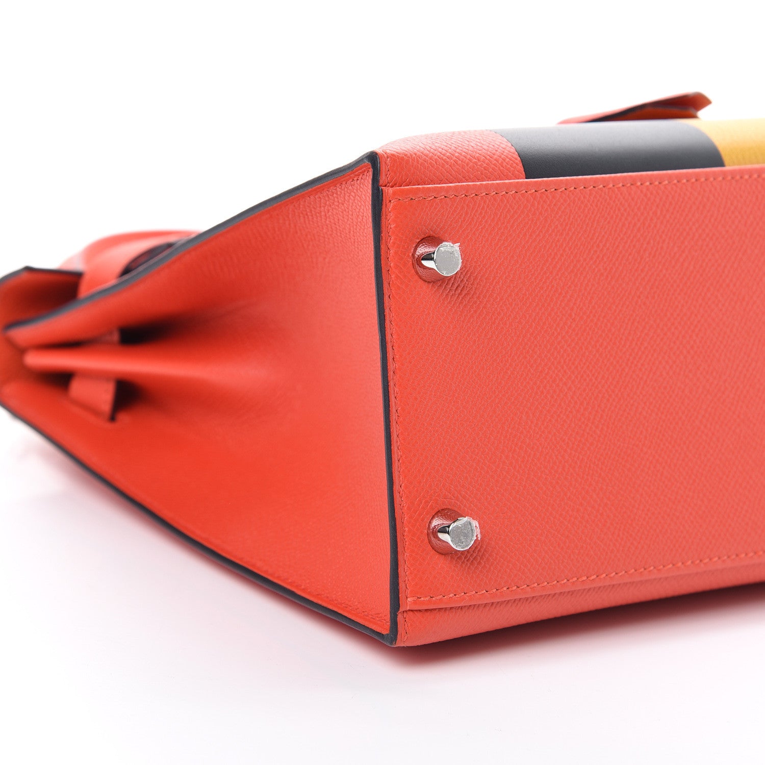 Hermes Epsom Chevre Mysore Sombrero Kellygraphie Lettre M Kelly Sellier 28 Capucine Bleu Obscure Ambre 8 of 9
