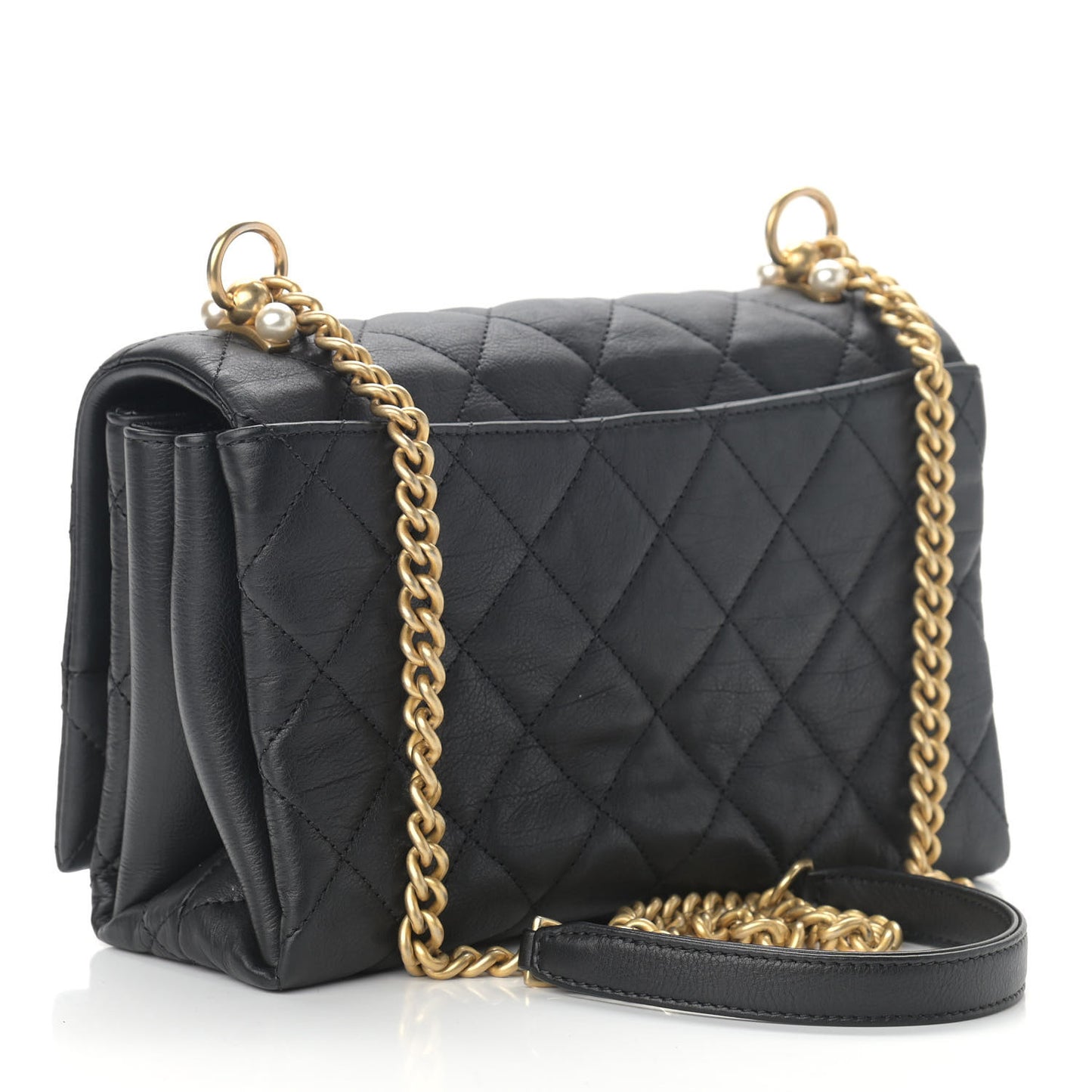 Calfskin Quilted Accordion Pearl CC Small Flap Bag Black
