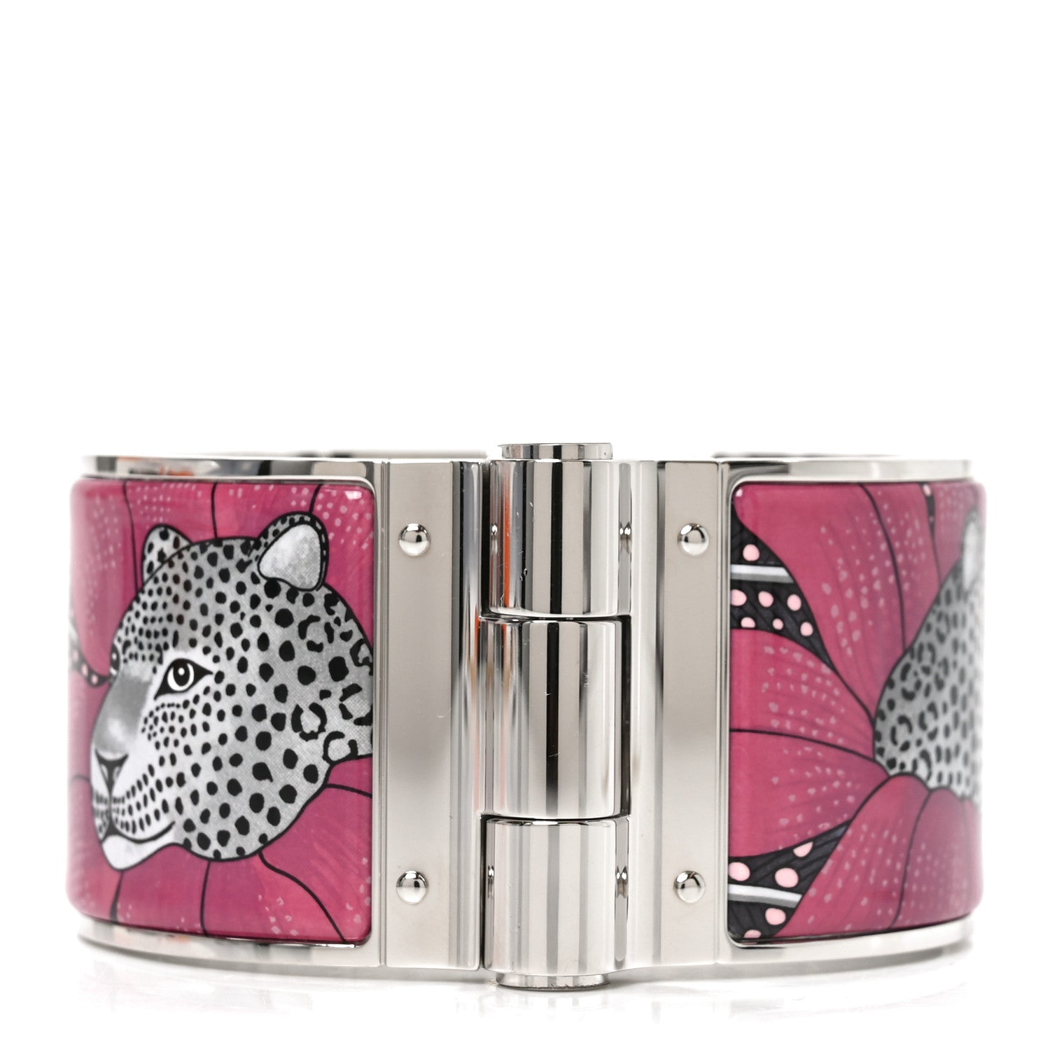Hermes Enamel Printed Extra Wide Charniere Baobab Cat Hinged Bracelet M Faux Gris 1 of 4