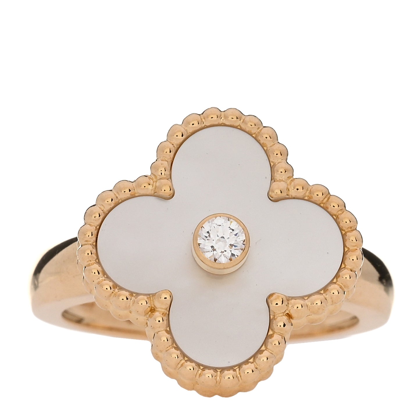 18K Yellow Gold Diamond Mother of Pearl Vintage Alhambra Ring 49 5
