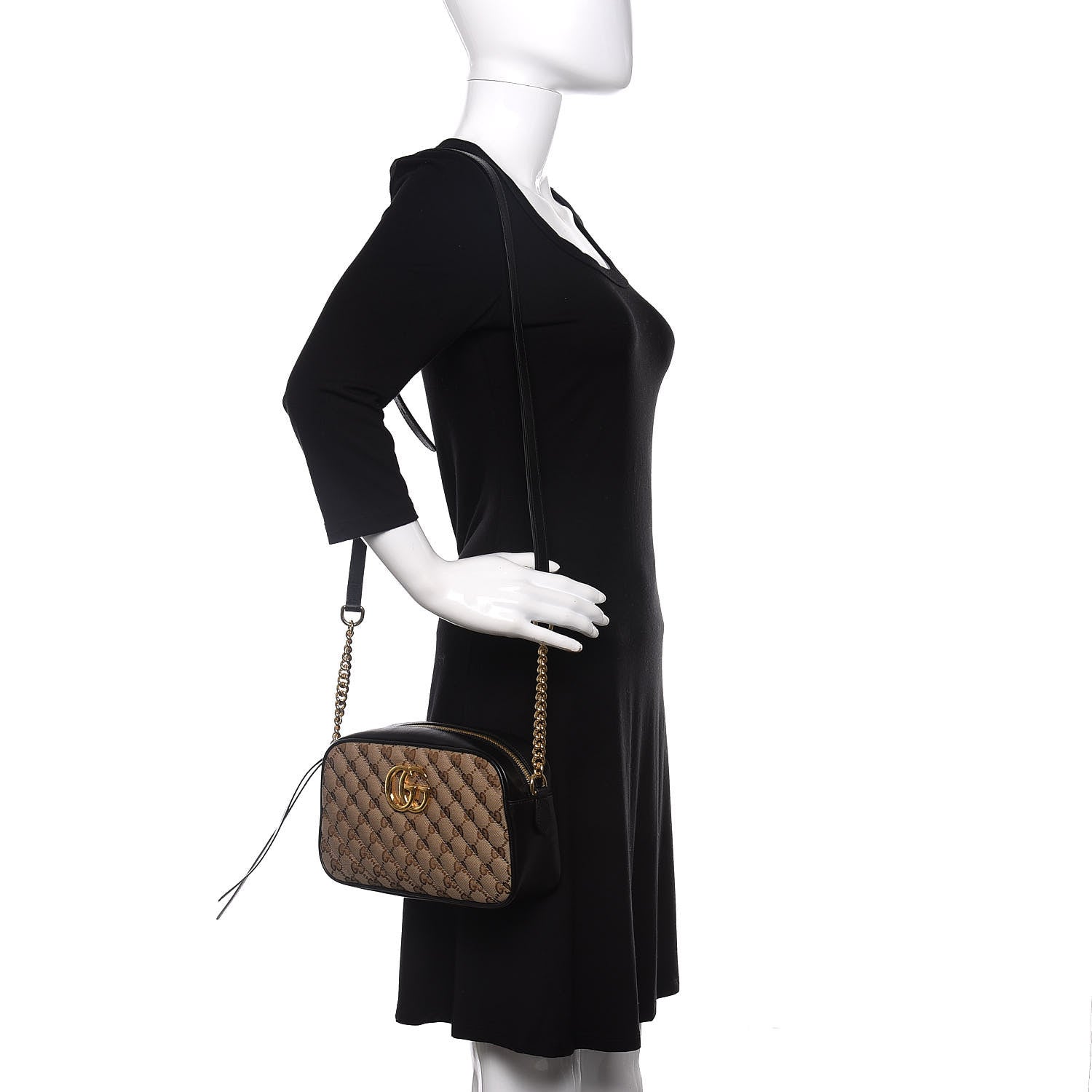 Gucci Monogram Matelasse Diagonal Small GG Marmont Chain Shoulder Bag Beige Black 2 of 10