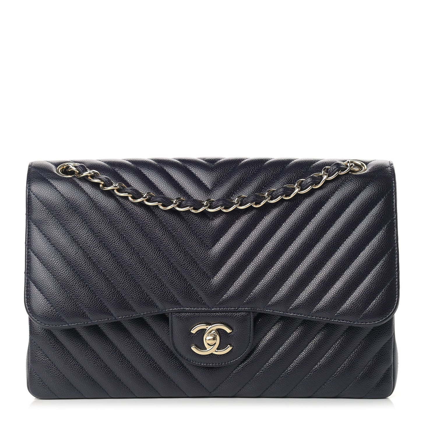 Caviar Chevron Quilted Jumbo Double Flap Navy