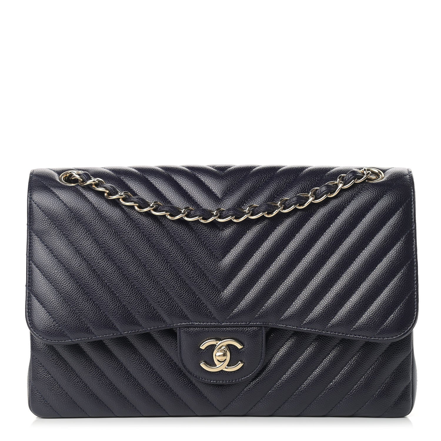 Chanel Caviar Chevron Quilted Jumbo Double Flap Navy 1 of 12