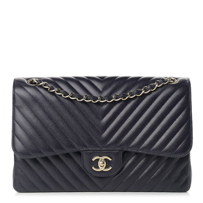 Chanel Caviar Chevron Quilted Jumbo Double Flap Navy 1 of 12