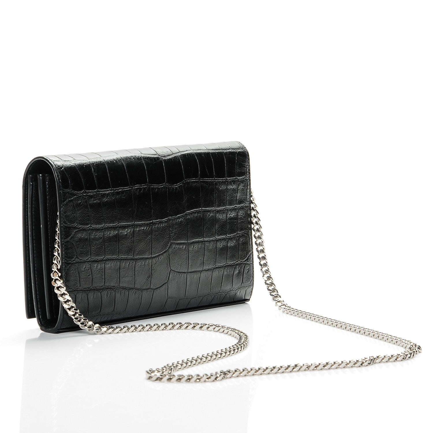 Saint Laurent Calfskin Crocodile Embossed Monogram Chain Wallet Nero Black 3 of 8