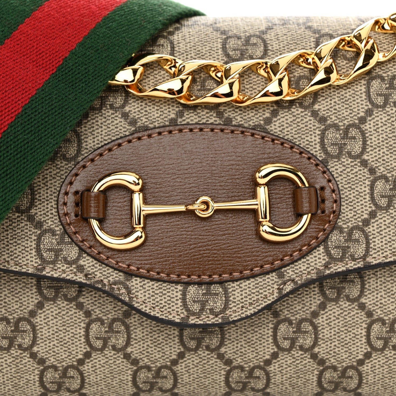 Gucci GG Supreme Monogram Azalea Calfskin Web Mini Horsebit 1955 Chain Shoulder Bag Beige Ebony Brown Sugar 8 of 10