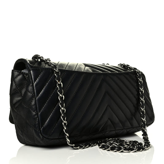 Lambskin Chevron Quilted Single Flap Black