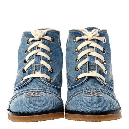 Chanel Denim Lace Up Boots 38.5 Light Blue 2 of 7