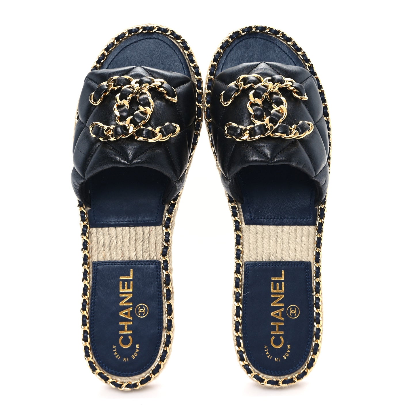 Lambskin Quilted CC Chain Espadrille Mules 39 Black Navy