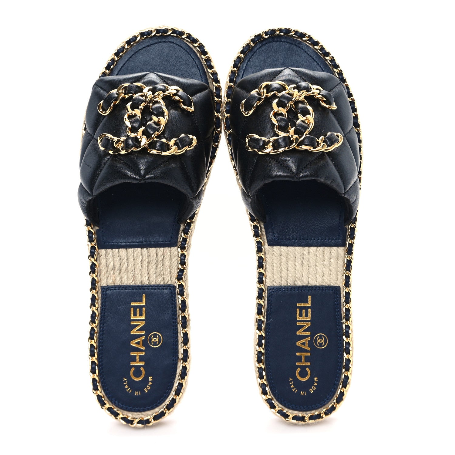 Chanel Lambskin Quilted CC Chain Espadrille Mules 39 Black Navy 2 of 10