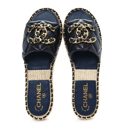 Chanel Lambskin Quilted CC Chain Espadrille Mules 39 Black Navy 2 of 10
