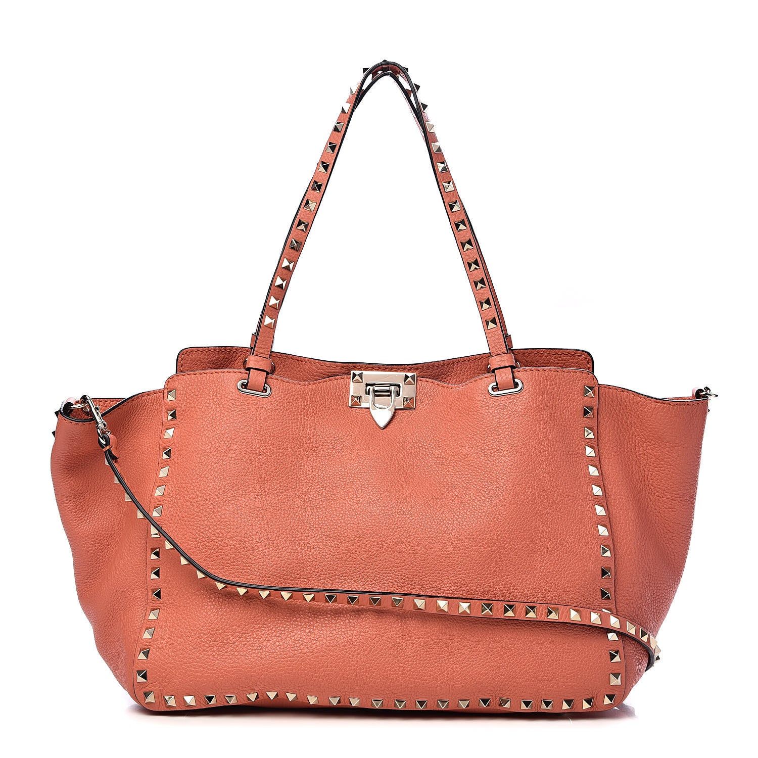 Valentino Garavani Pebbled Calfskin Medium Rockstud Tote Coral 1 of 10