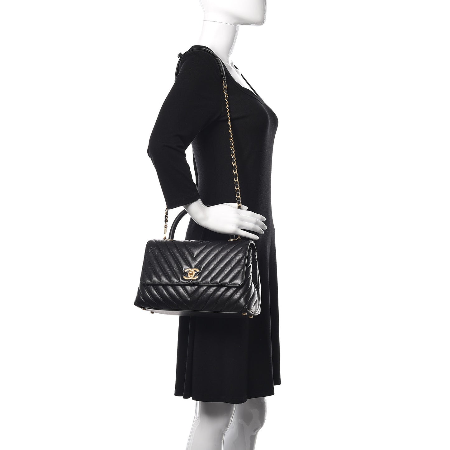 Calfskin Chevron Quilted Small Coco Handle Flap Black