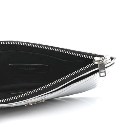Saint Laurent Metallic Grain De Poudre Matelasse Chevron Monogram Bill Pouch Argento 4 of 6