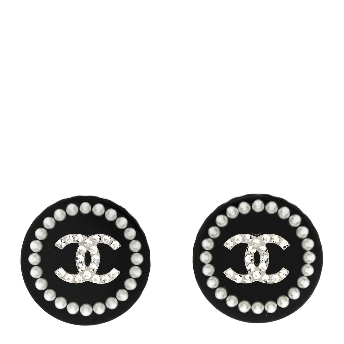 Crystal Pearl CC Round Earrings Black Silver