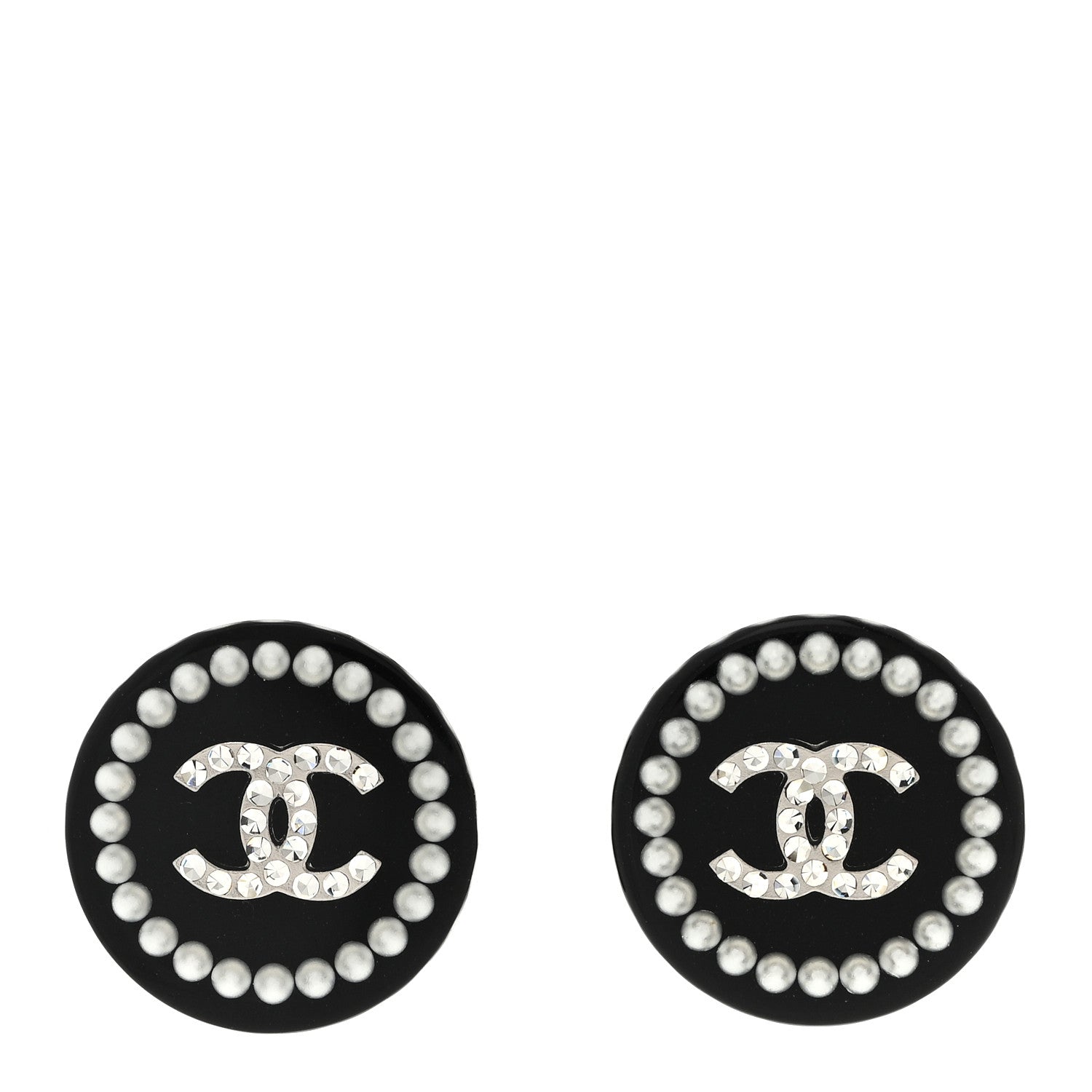 Chanel Crystal Pearl CC Round Earrings Black Silver 1 of 5