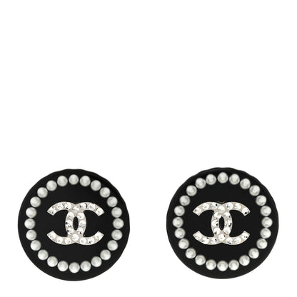Chanel Crystal Pearl CC Round Earrings Black Silver 1 of 5