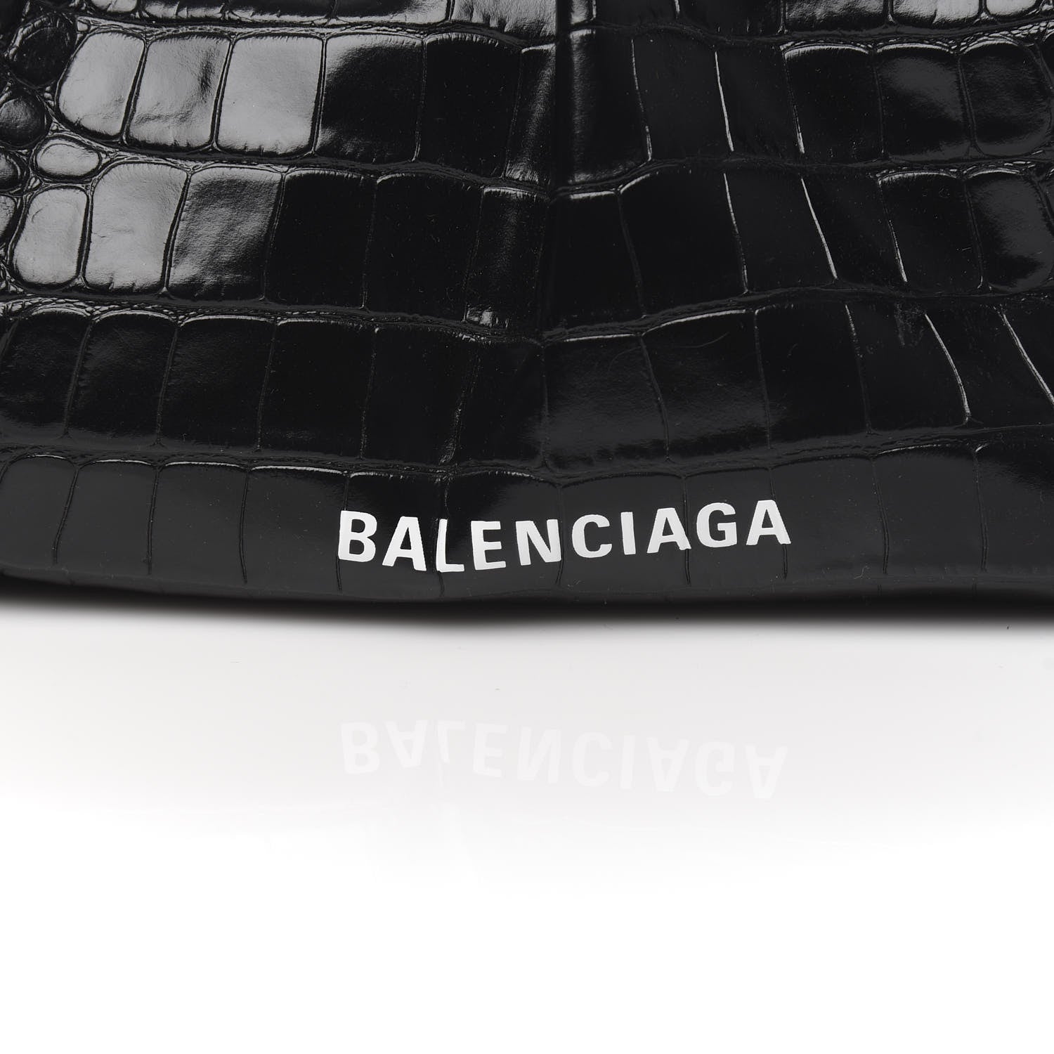 Balenciaga Shiny Supple Calfskin Logo Crocodile Embossed XL Cloud Clutch Black White 10 of 10