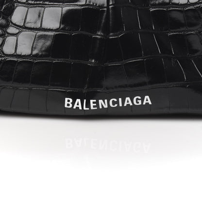 Balenciaga Shiny Supple Calfskin Logo Crocodile Embossed XL Cloud Clutch Black White 10 of 10