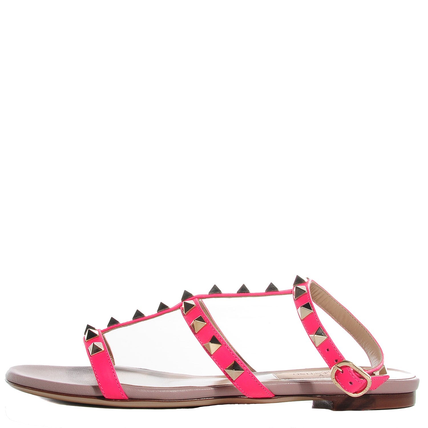 Valentino Garavani Nappa Rockstud Ankle Strap Flat Sandals 36 Fuxia Fluo 1 of 6