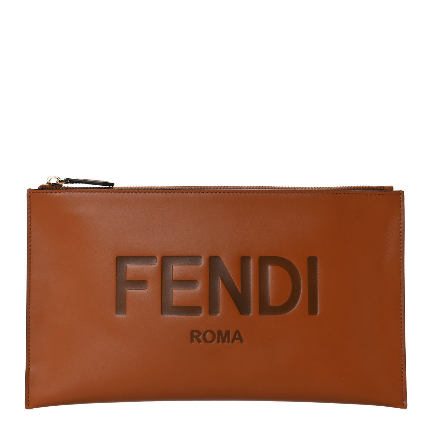 Vitello King Logo Embossed Medium Flat Pouch Cuoio