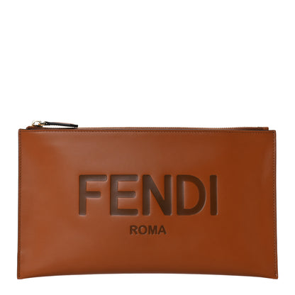 Fendi Vitello King Logo Embossed Medium Flat Pouch Cuoio 1 of 17