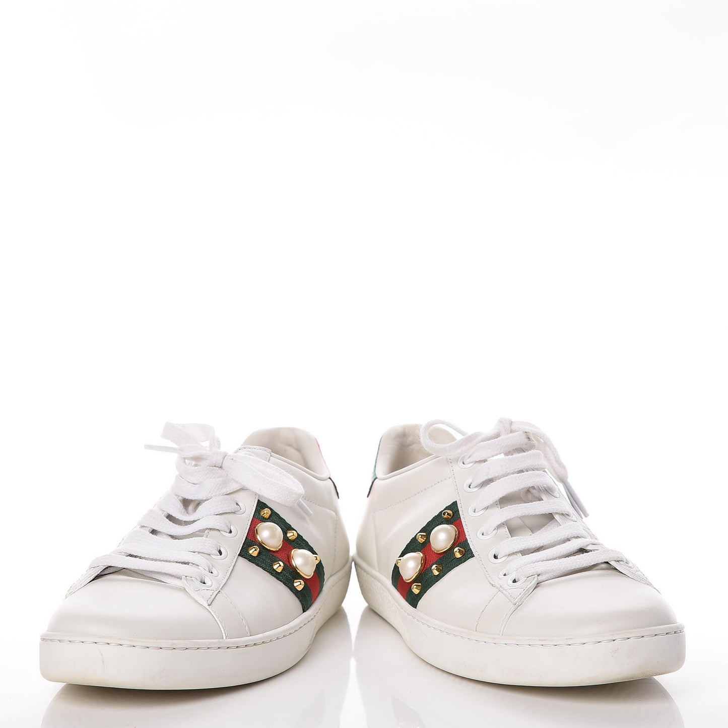 Calfskin Web Pearl Studded Ace Sneakers 36 White