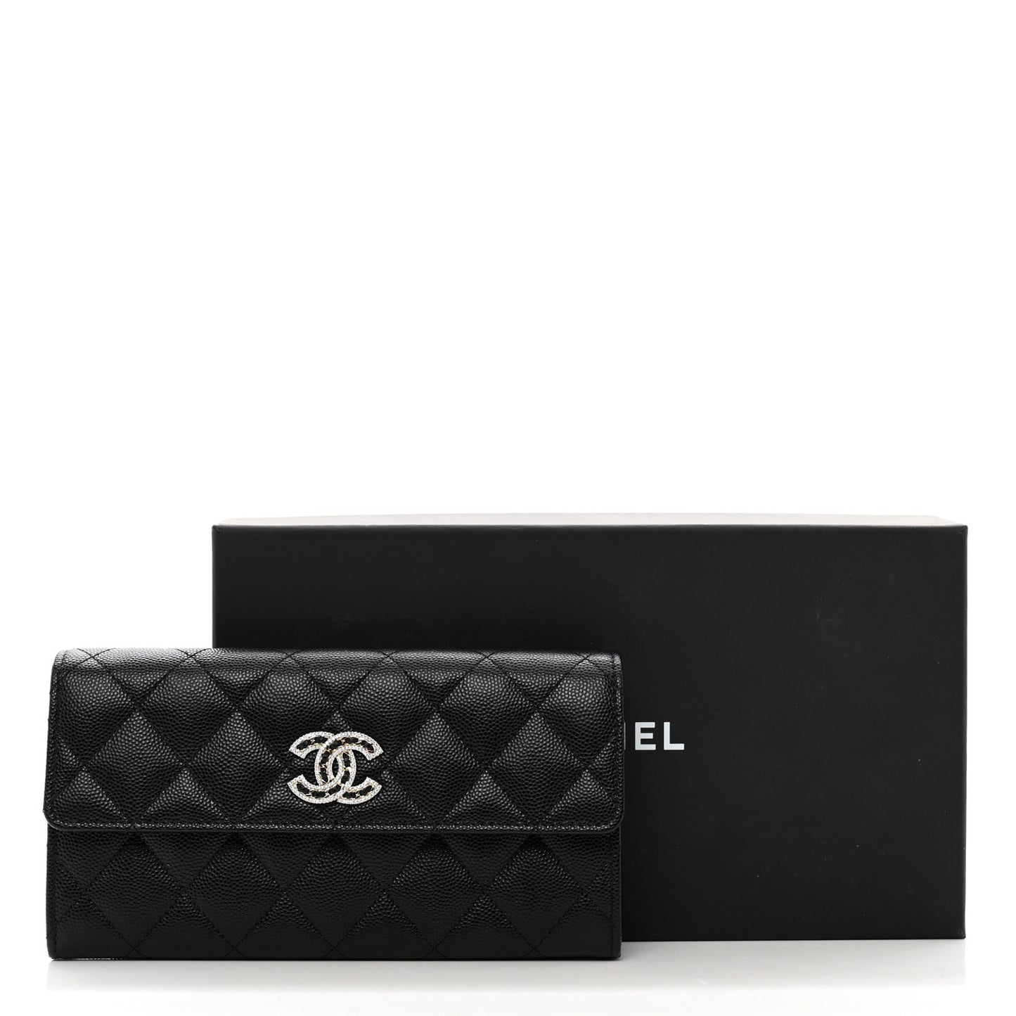 Caviar Quilted Crystal CC Large Gusset Flap Wallet Black