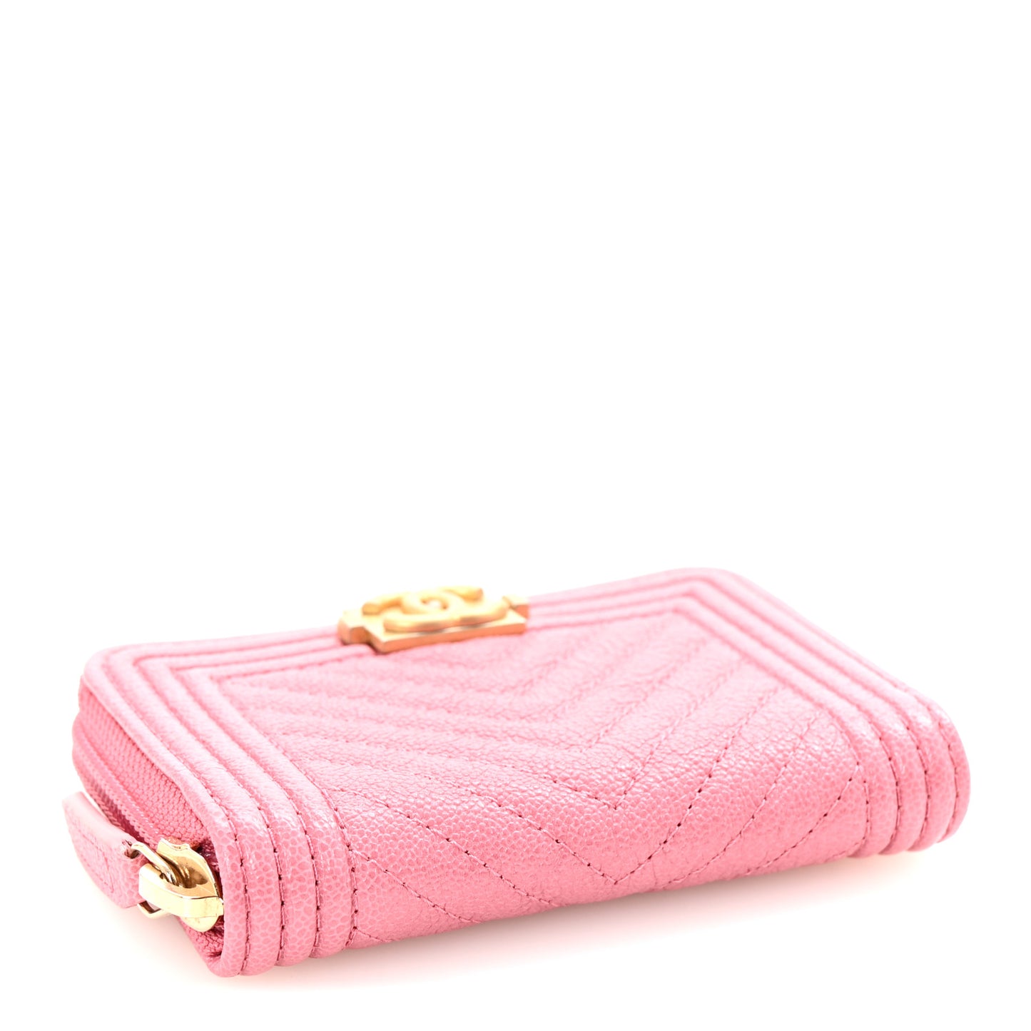 Caviar Chevron Quilted Boy Zip Around Coin Purse Wallet Pink