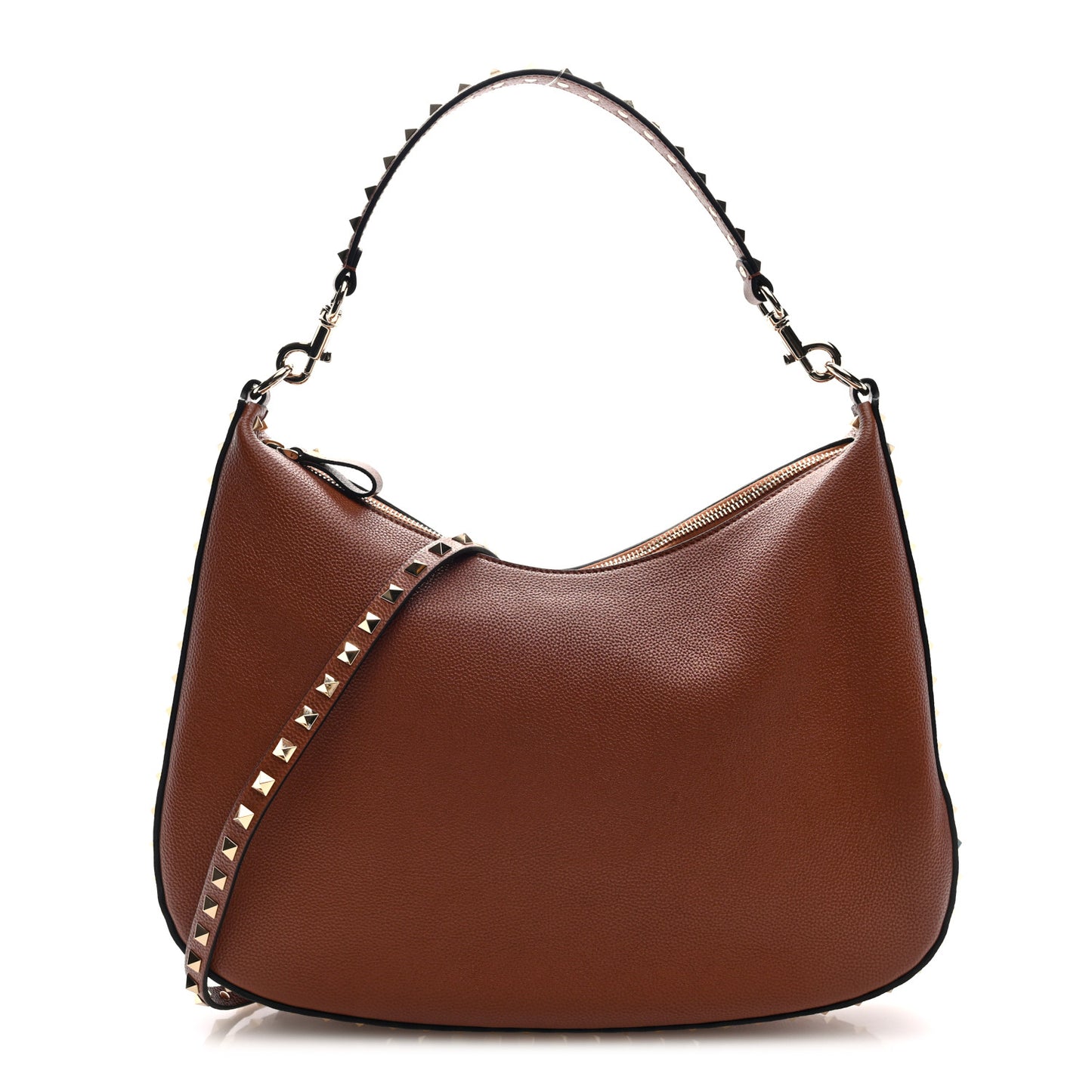 Grained Calfskin Rockstud Hobo Bag Tan