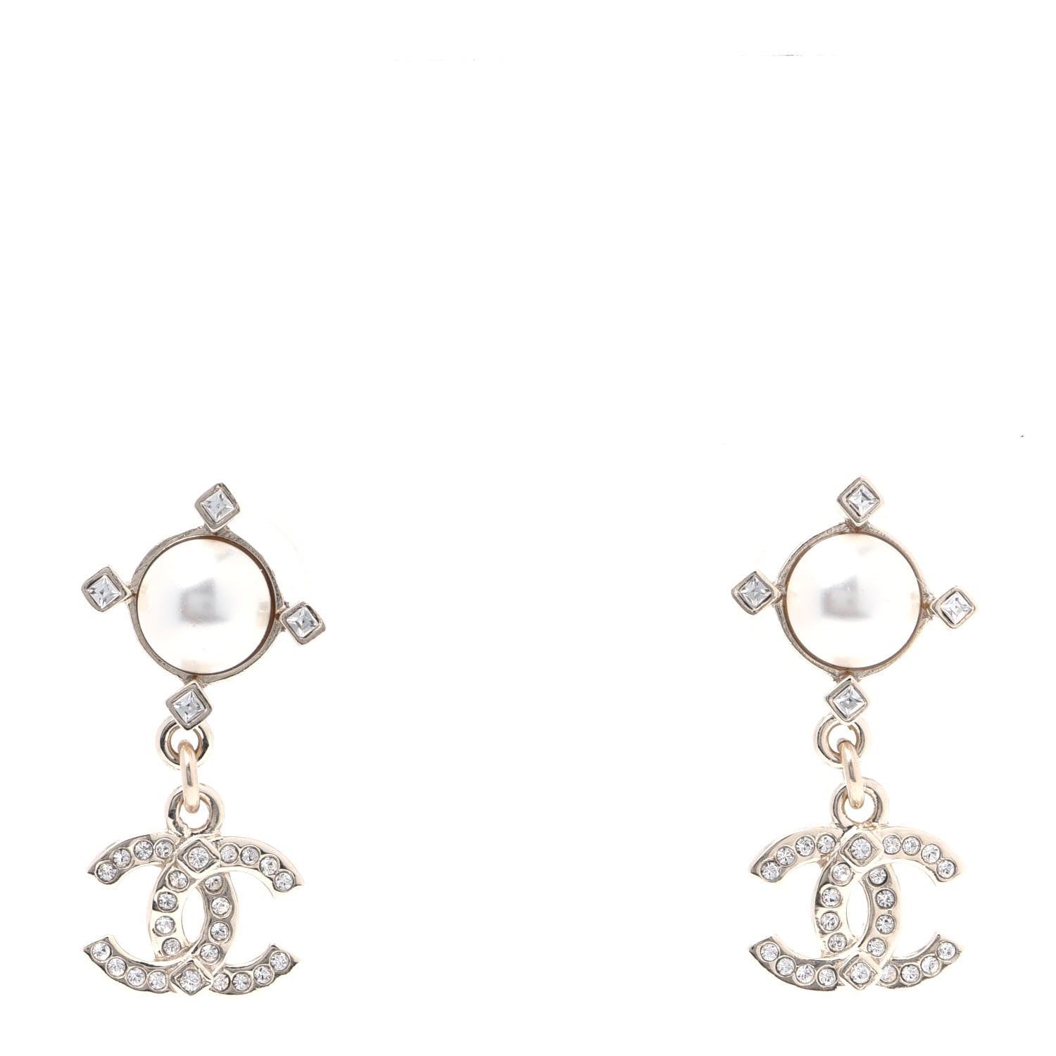 Chanel Crystal Pearl CC Drop Earrings Gold 1 of 6