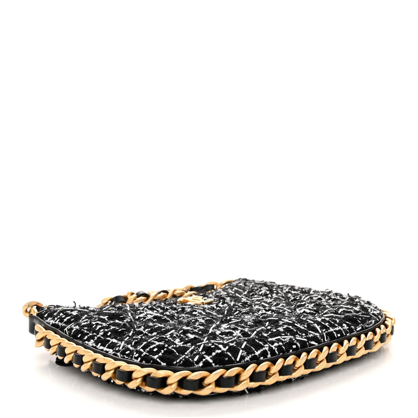 Tweed Sequin Quilted Trendy Chain Around Hobo Black White