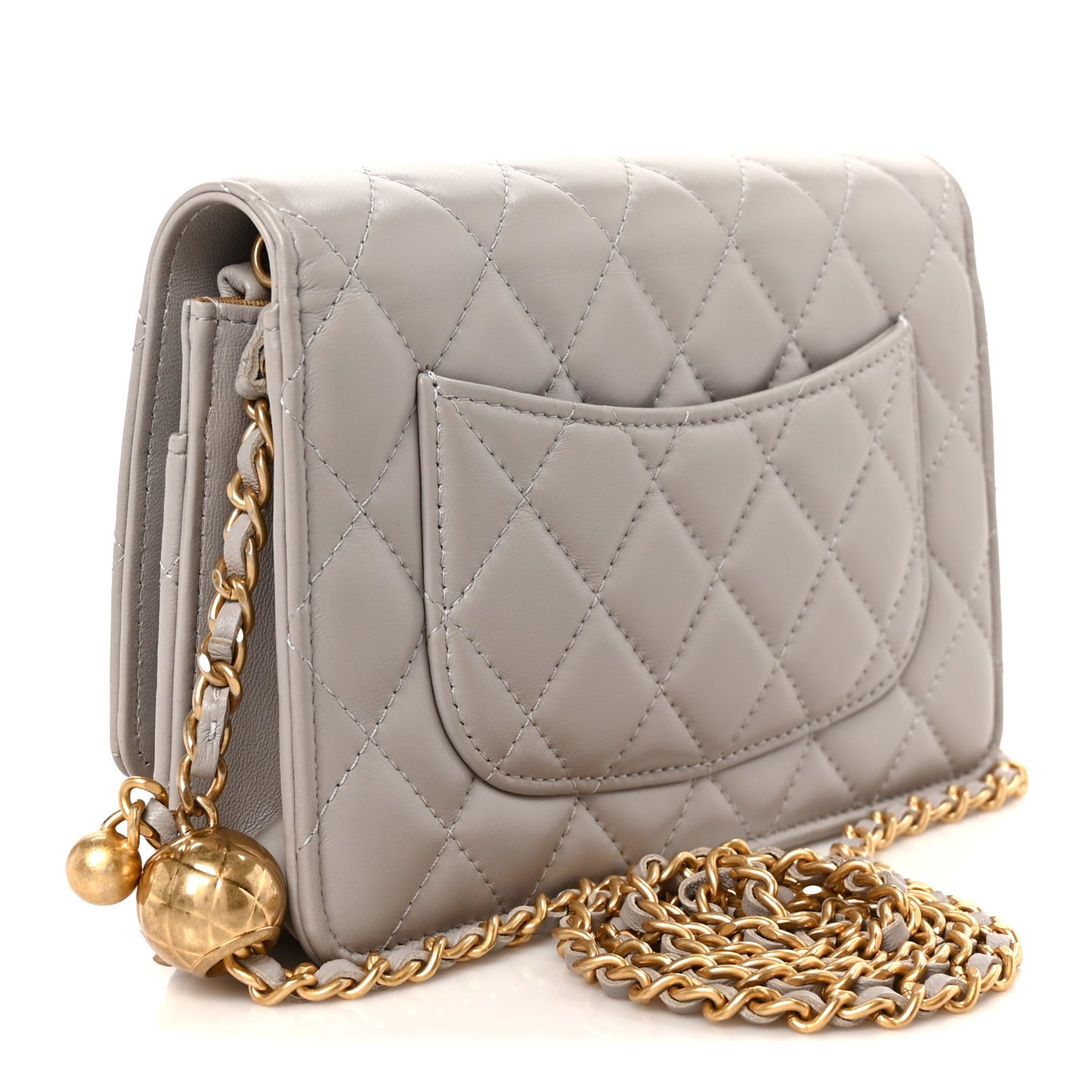 Lambskin Quilted CC Pearl Crush Wallet on Chain WOC Grey