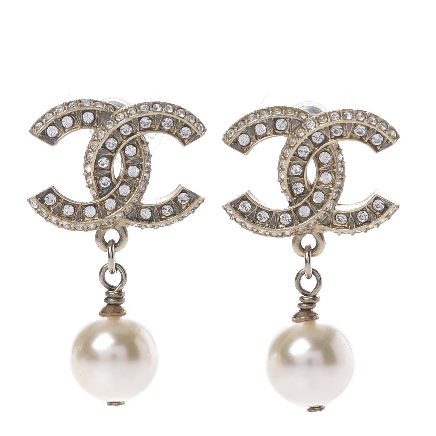 Chanel Crystal Pearl CC Drop Earrings Gold 1 of 5