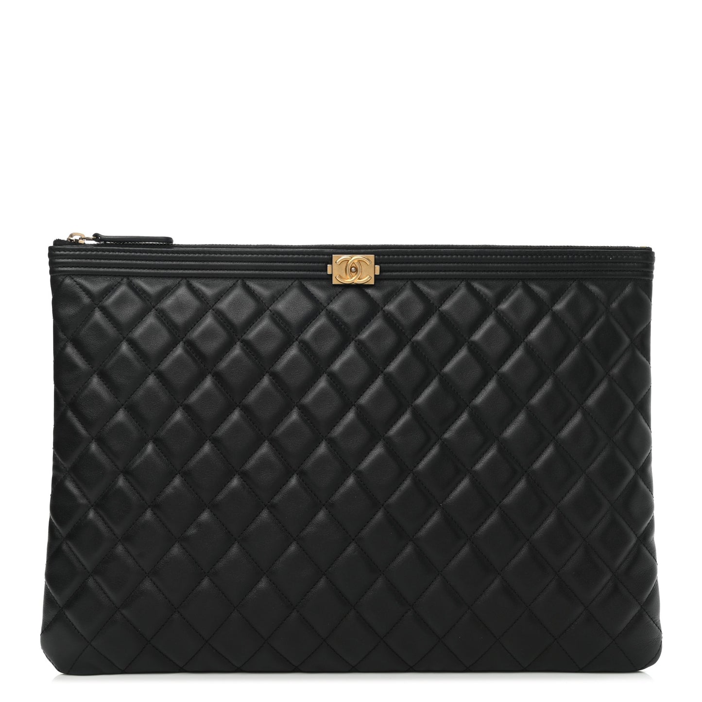 Lambskin Quilted Large Boy Zip Pouch Black