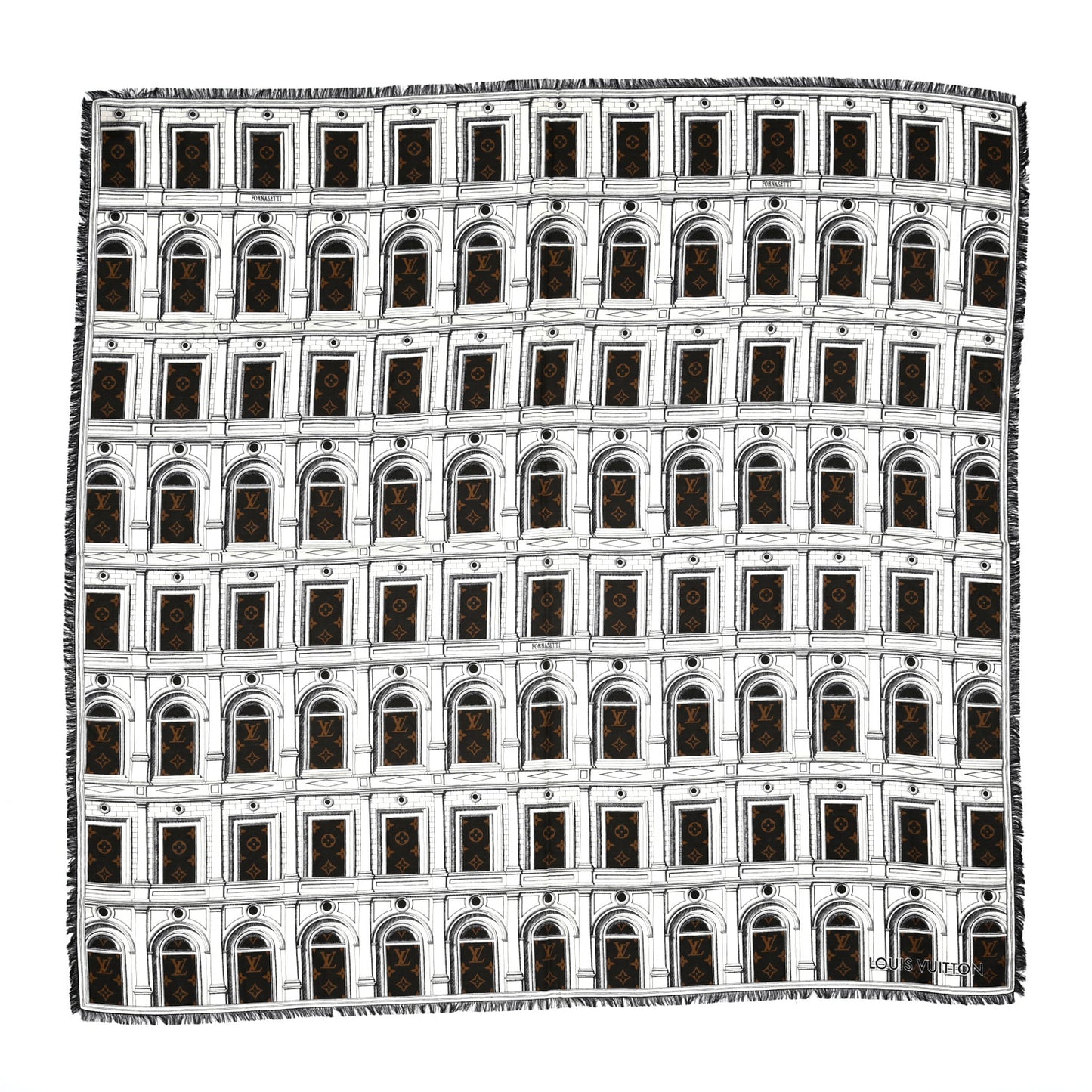 X FORNASETTI Wool Silk Architettura Shawl Brown