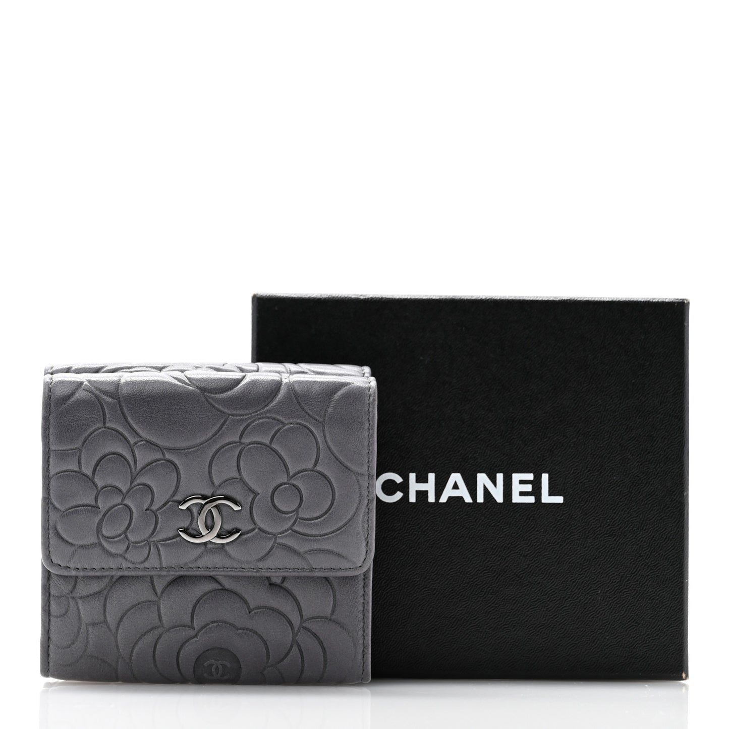 Lambskin Camellia Embossed Small Double Wallet Grey