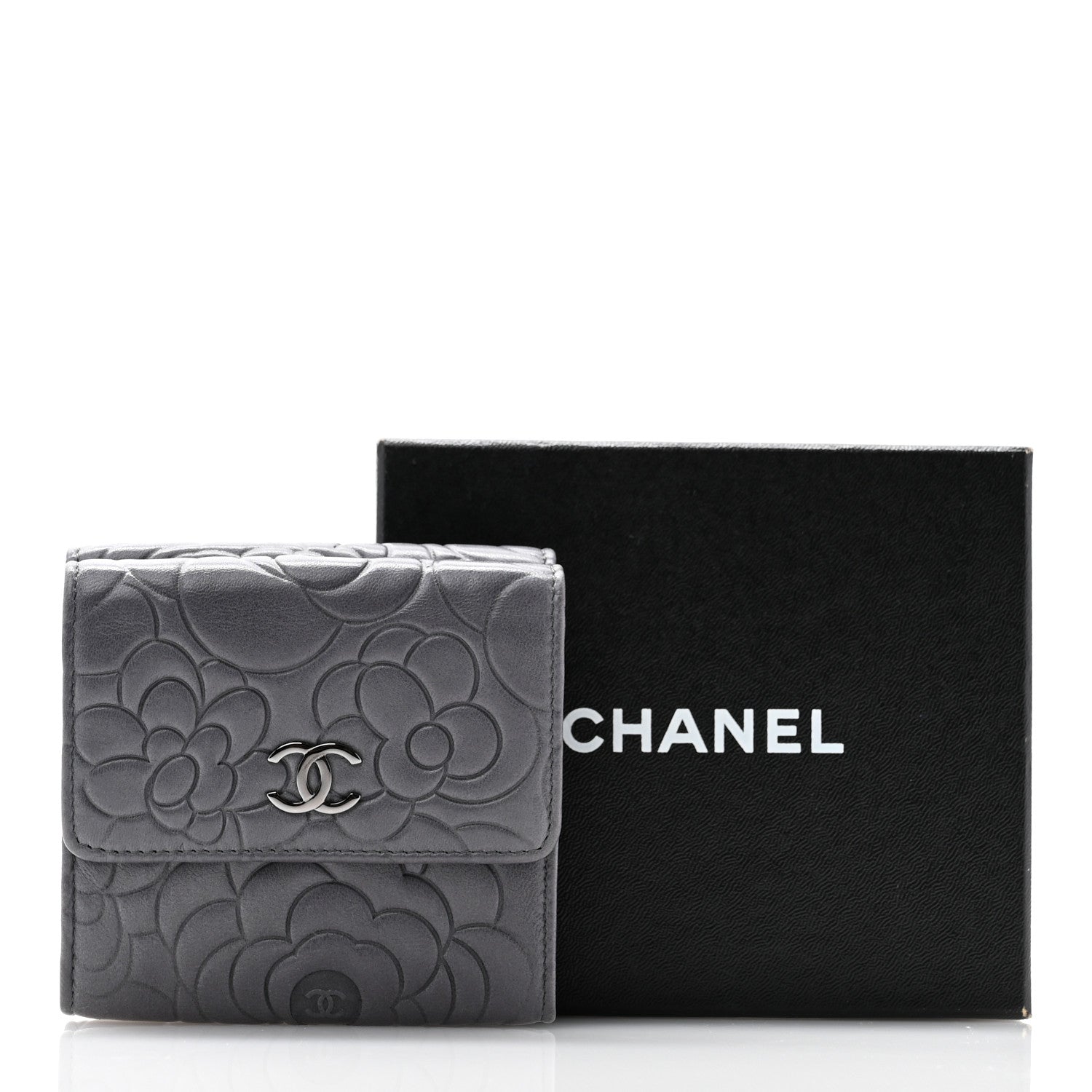 Chanel Lambskin Camellia Embossed Small Double Wallet Grey 14 of 14