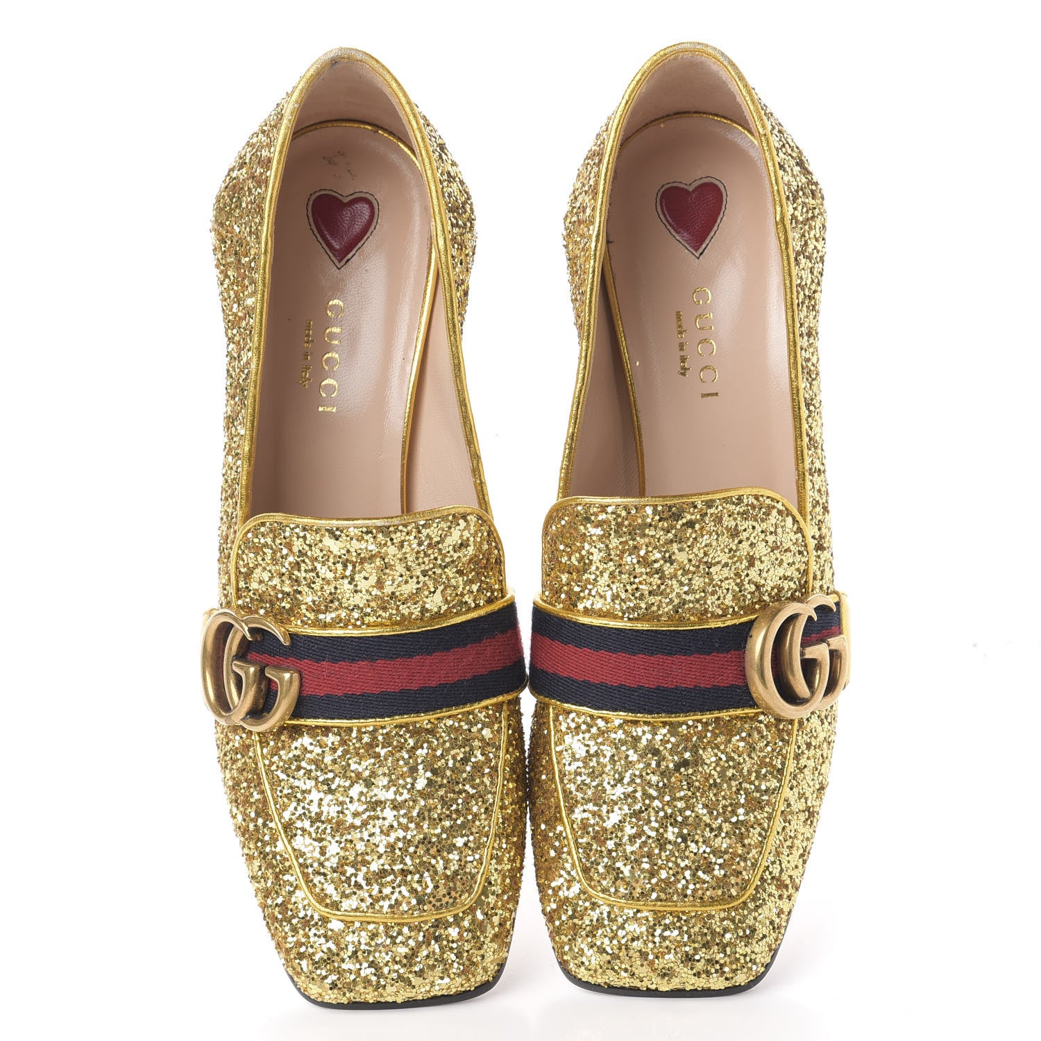 Gucci Glitter Nappa Web Peyton 75mm Loafer Pumps 37 Oro Vecchio 5 of 15